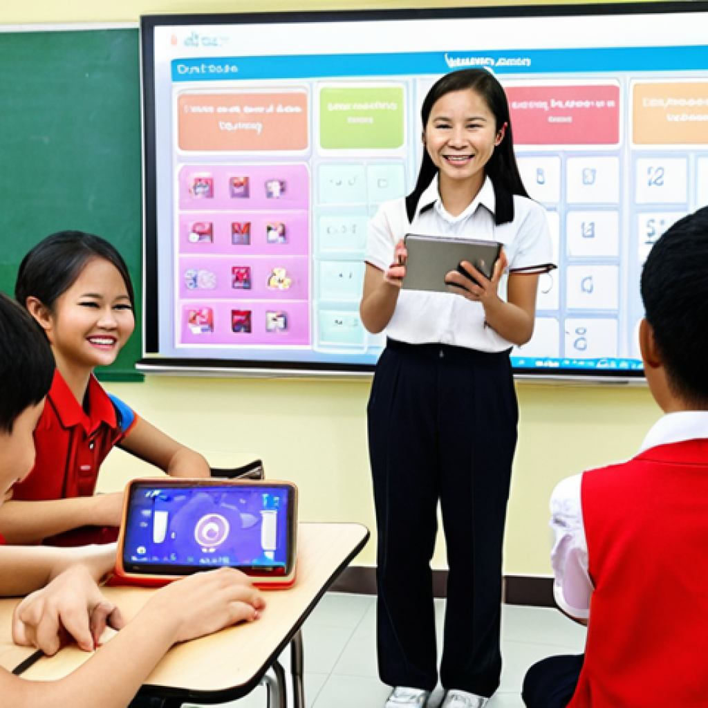 **Prompt:** A dynamic and vibrant modern English language classroom in Vietnam. Vietnamese students, a mix of boys and girls aged 10-15, are actively engaged, using tablets and smartphones for interactive learning games and quizzes. A Vietnamese female teacher stands at the front, enthusiastically guiding them, with an interactive whiteboard displaying colorful, game-like elements. The atmosphere is energetic, collaborative, and full of smiles. Bright, contemporary classroom design with plenty of natural light, showcasing student-centered learning and seamless technology integration.