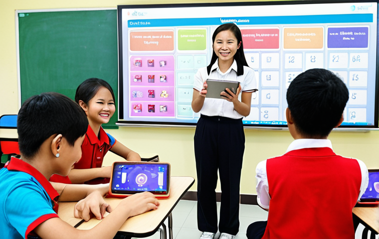 **Prompt:** A dynamic and vibrant modern English language classroom in Vietnam. Vietnamese students, a mix of boys and girls aged 10-15, are actively engaged, using tablets and smartphones for interactive learning games and quizzes. A Vietnamese female teacher stands at the front, enthusiastically guiding them, with an interactive whiteboard displaying colorful, game-like elements. The atmosphere is energetic, collaborative, and full of smiles. Bright, contemporary classroom design with plenty of natural light, showcasing student-centered learning and seamless technology integration.