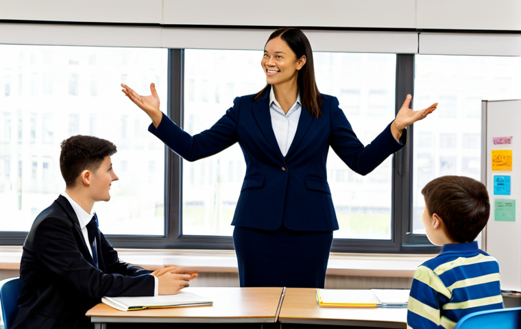 **Prompt for Human-Centric Teaching:**
A professional female educator in a modest business blazer and trousers, engaging actively with a diverse group of adult students in a modern, bright classroom. She is standing at the front, using expressive hand gestures to explain a concept, fostering a dynamic and positive learning environment. Students are attentively listening and interacting. The classroom features large windows, an interactive whiteboard, and comfortable seating. Fully clothed, modest clothing, appropriate attire, professional dress, perfect anatomy, correct proportions, natural pose, well-formed hands, proper finger count, natural body proportions, safe for work, appropriate content, professional, family-friendly, high-quality, professional photography.
