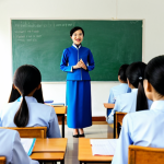 **

A Vietnamese English teacher, fully clothed in professional attire (Ao Dai preferred), standing in a bright and modern classroom in Hanoi, interacting with students. Safe for work, appropriate content, modest clothing, perfect anatomy, correct proportions, natural pose, well-formed hands, proper finger count, natural body proportions, professional photography, high quality.

**