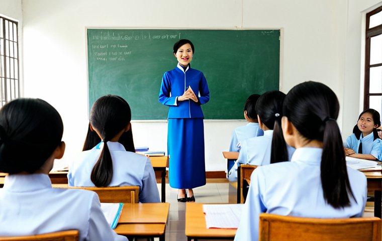 **

A Vietnamese English teacher, fully clothed in professional attire (Ao Dai preferred), standing in a bright and modern classroom in Hanoi, interacting with students. Safe for work, appropriate content, modest clothing, perfect anatomy, correct proportions, natural pose, well-formed hands, proper finger count, natural body proportions, professional photography, high quality.

**