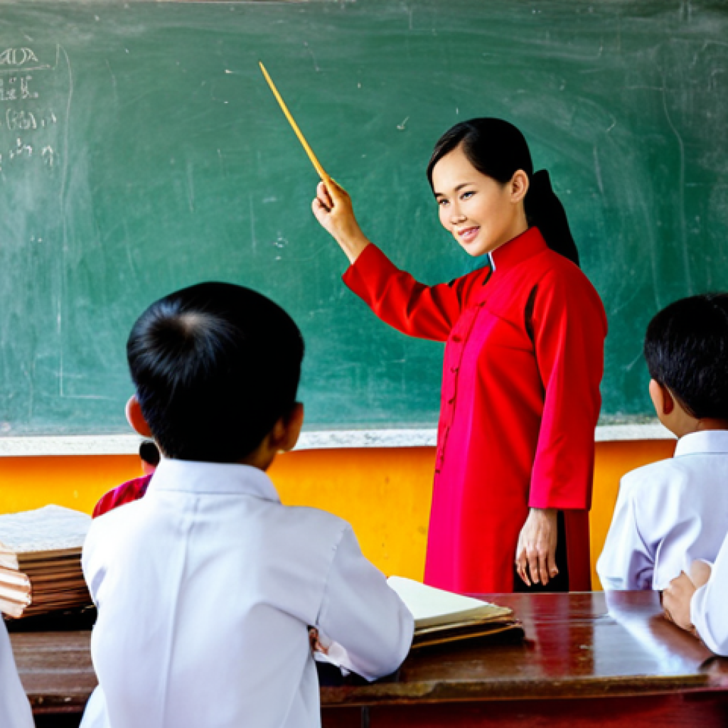 **

"A Vietnamese woman in her late 20s, wearing a modest ao dai, teaching an English class to young children in a rural village school in Vietnam, fully clothed, appropriate attire, safe for work, perfect anatomy, natural proportions, vibrant colors, professional photography, family-friendly."

**