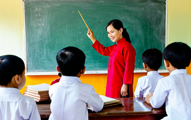**

"A Vietnamese woman in her late 20s, wearing a modest ao dai, teaching an English class to young children in a rural village school in Vietnam, fully clothed, appropriate attire, safe for work, perfect anatomy, natural proportions, vibrant colors, professional photography, family-friendly."

**
