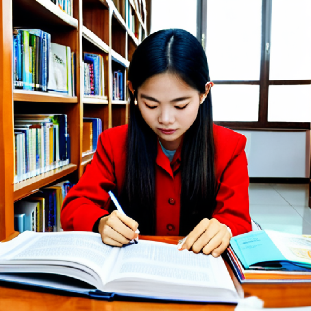 **

"A Vietnamese student studying English grammar in a brightly lit library, surrounded by textbooks and flashcards, fully clothed, appropriate attire, safe for work, perfect anatomy, natural proportions, family-friendly study environment."

**