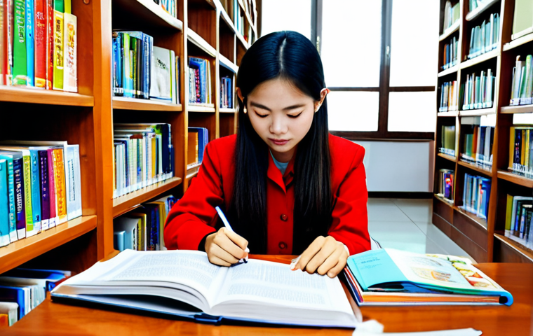 **

"A Vietnamese student studying English grammar in a brightly lit library, surrounded by textbooks and flashcards, fully clothed, appropriate attire, safe for work, perfect anatomy, natural proportions, family-friendly study environment."

**