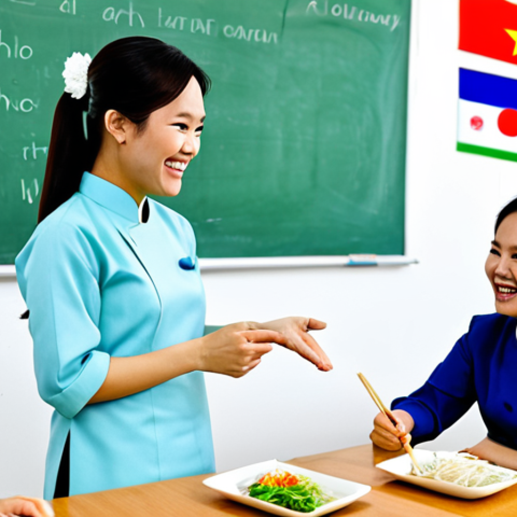 **

A friendly Vietnamese woman wearing a traditional Ao Dai (fully clothed, modest) in a bright and welcoming classroom. She's gesturing enthusiastically while teaching English vocabulary using flashcards with images of common Vietnamese foods (pho, banh mi). Students are engaged and smiling. Background: Colorful posters with English alphabet and Vietnamese landscapes. safe for work, appropriate content, family-friendly, professional teaching environment, perfect anatomy, natural proportions, well-formed hands.

**