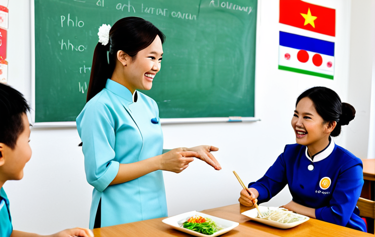 **

A friendly Vietnamese woman wearing a traditional Ao Dai (fully clothed, modest) in a bright and welcoming classroom. She's gesturing enthusiastically while teaching English vocabulary using flashcards with images of common Vietnamese foods (pho, banh mi). Students are engaged and smiling. Background: Colorful posters with English alphabet and Vietnamese landscapes. safe for work, appropriate content, family-friendly, professional teaching environment, perfect anatomy, natural proportions, well-formed hands.

**