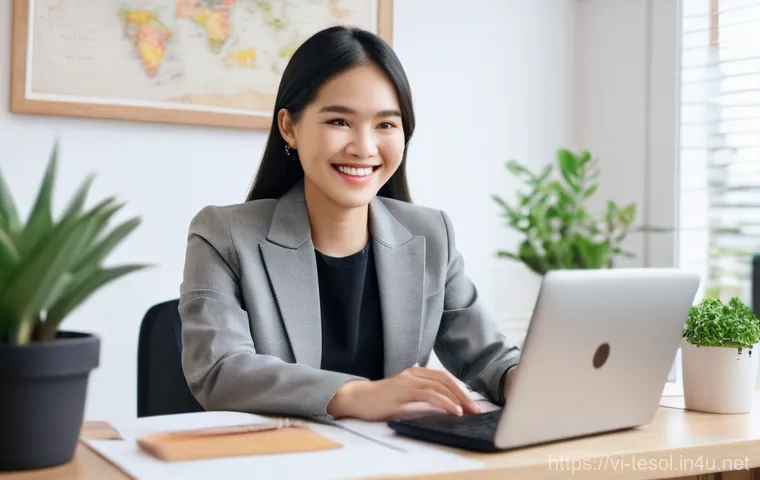 TESOL 자격증으로 시작하는 비즈니스 아이디어 - **Prompt:** A cheerful young Vietnamese woman, in her late 20s to early 30s, with a warm smile, wear...