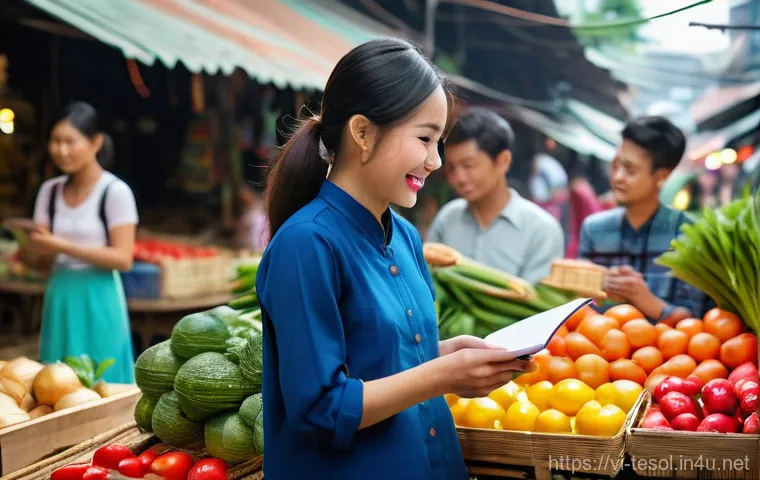 TESOL 강사가 사용하는 최신 기법 - **Vibrant English Communication at a Vietnamese Market:**
    "A bustling, brightly lit modern indoo...