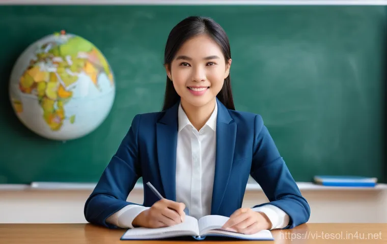 TESOL 시험 날짜와 준비 기간 - **Prompt:** A vibrant classroom scene with an enthusiastic Vietnamese female teacher, dressed in a p...