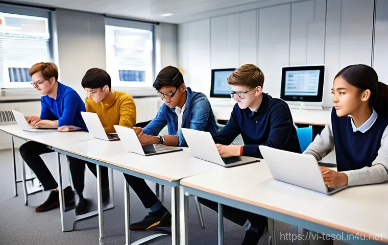 TESOL 수업 계획에서 중요한 요소 - **Prompt:** A vibrant and modern classroom filled with a diverse group of 6-8 high school students (...