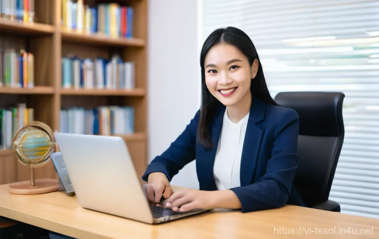 TESOL 강사로서의 정체성 찾기 - **Prompt:** A dynamic and engaging modern TESOL teacher, dressed in smart-casual attire, enthusiasti...