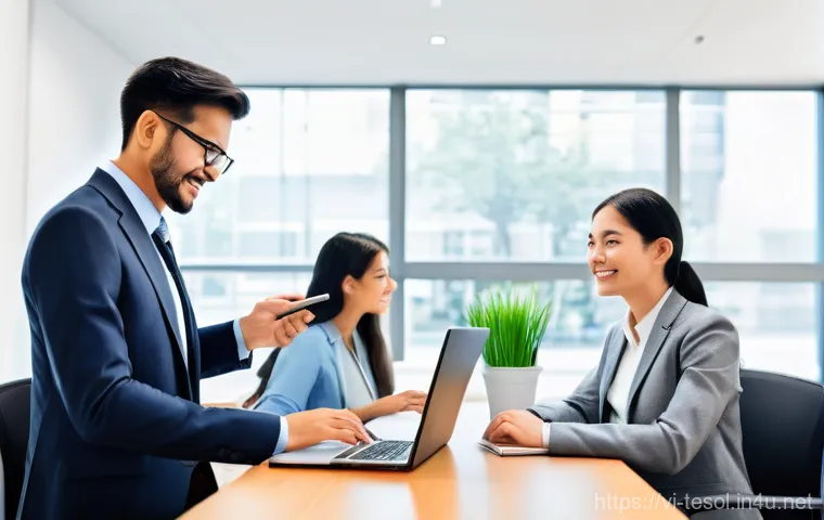 TESOL 강사로서의 정체성 찾기 - **Prompt:** A charismatic female TESOL teacher, wearing professional yet approachable clothing, is s...