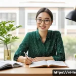 TESOL 강사로서의 조직 관리 기술 - **Prompt: A TESOL Teacher's Organized Planning Session**
    A serene and focused female TESOL teach...