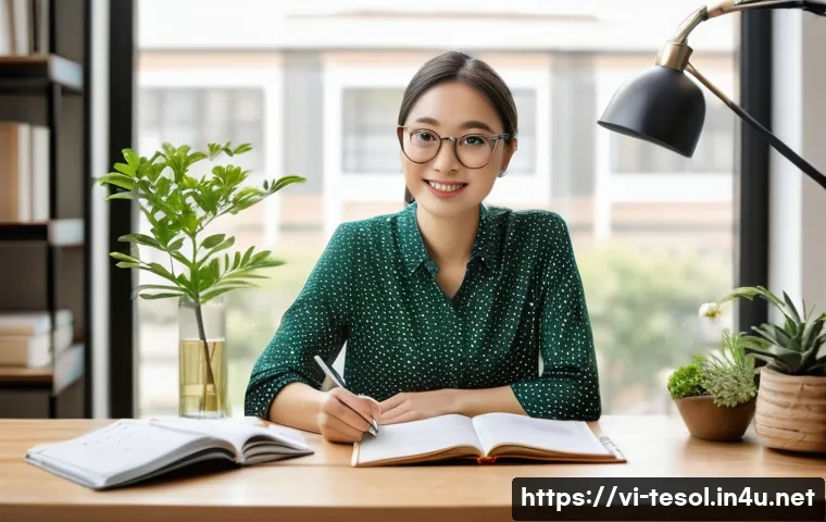 TESOL 강사로서의 조직 관리 기술 - **Prompt: A TESOL Teacher's Organized Planning Session**
    A serene and focused female TESOL teach...