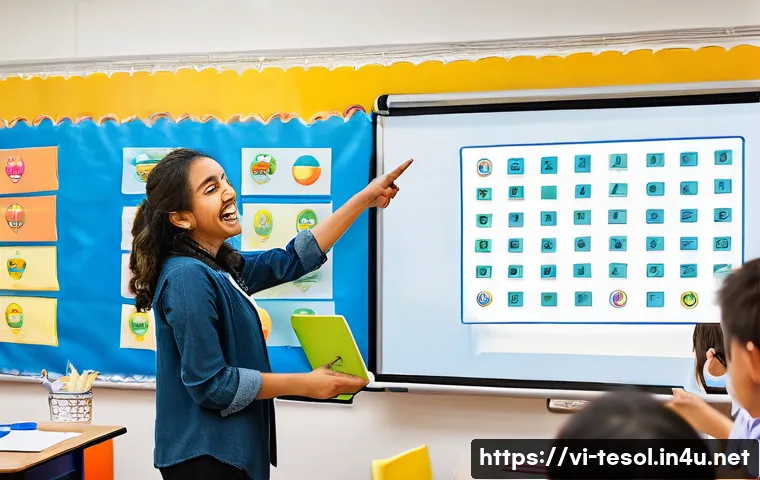 TESOL 교육에서의 창의적 접근법 - **Gamified English Learning in a Dynamic Classroom.**
    A vibrant, modern classroom filled with a ...