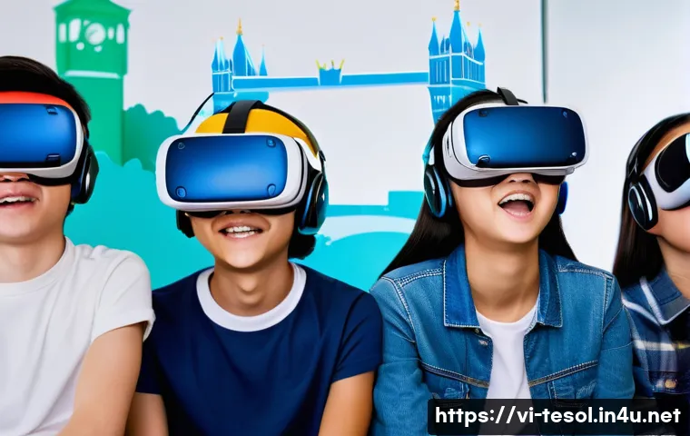 TESOL 강사가 사용하는 최신 기술 - **Prompt 1: VR English Learning Adventure in London**
    "A diverse group of cheerful Vietnamese te...