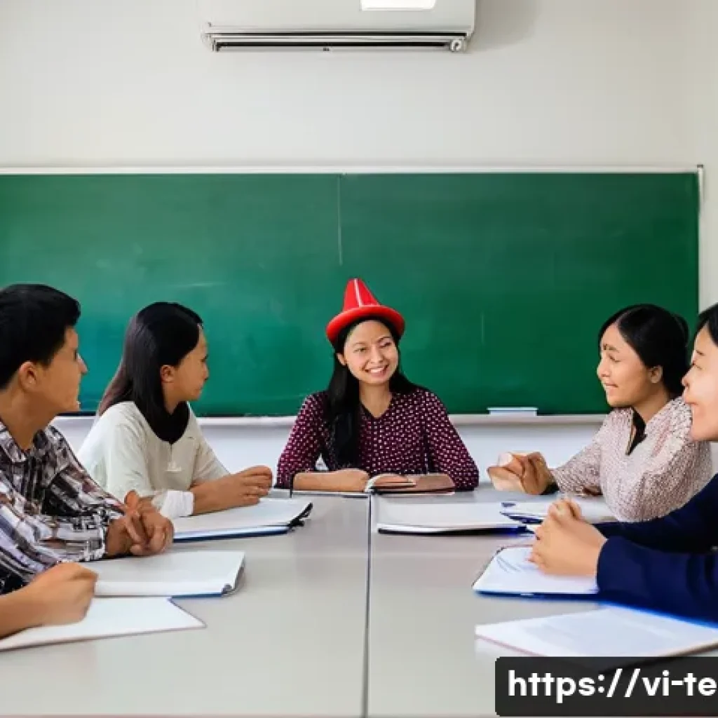 TESOL 강사로서 문화적 민감성 키우기 - A diverse TESOL classroom scene in Vietnam, showing a multicultural group of adult students sitting ...