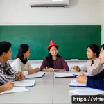 TESOL 강사로서 문화적 민감성 키우기 - A diverse TESOL classroom scene in Vietnam, showing a multicultural group of adult students sitting ...