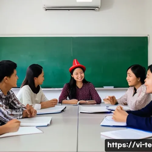 TESOL 강사로서 문화적 민감성 키우기 - A diverse TESOL classroom scene in Vietnam, showing a multicultural group of adult students sitting ...
