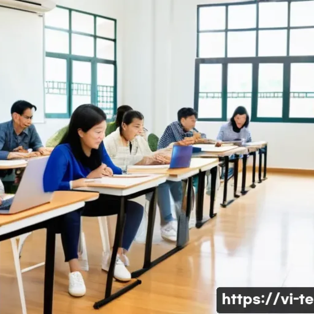 TESOL 교재 선정 기준 - A modern TESOL classroom in Vietnam showing a diverse group of adult Vietnamese students at differen...