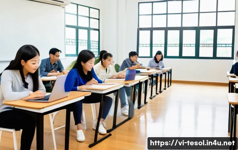 TESOL 교재 선정 기준 - A modern TESOL classroom in Vietnam showing a diverse group of adult Vietnamese students at differen...