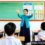 TESOL 강사가 자주 겪는 윤리적 문제 - A diverse TESOL classroom scene in Vietnam showing a female teacher attentively interacting with stu...
