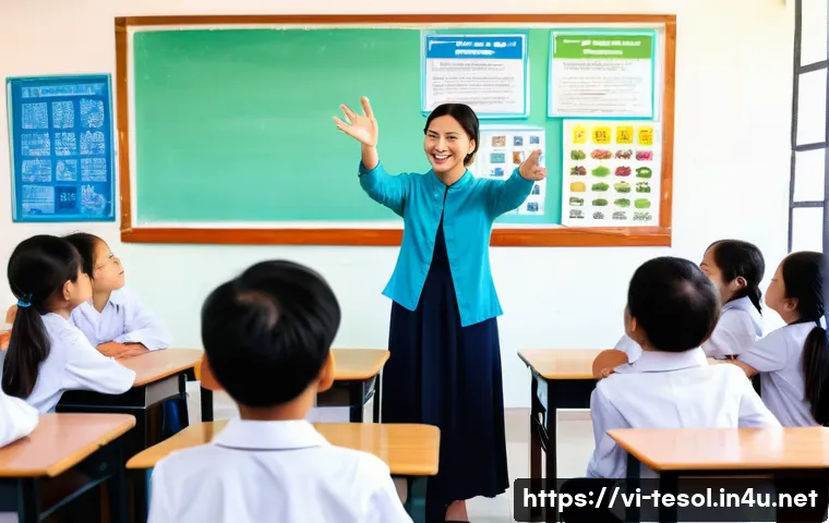 TESOL 강사가 자주 겪는 윤리적 문제 - A diverse TESOL classroom scene in Vietnam showing a female teacher attentively interacting with stu...
