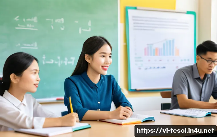 TESOL 시험 중 자주 묻는 질문 - A modern classroom scene in Vietnam showing a diverse group of adult students attentively participat...