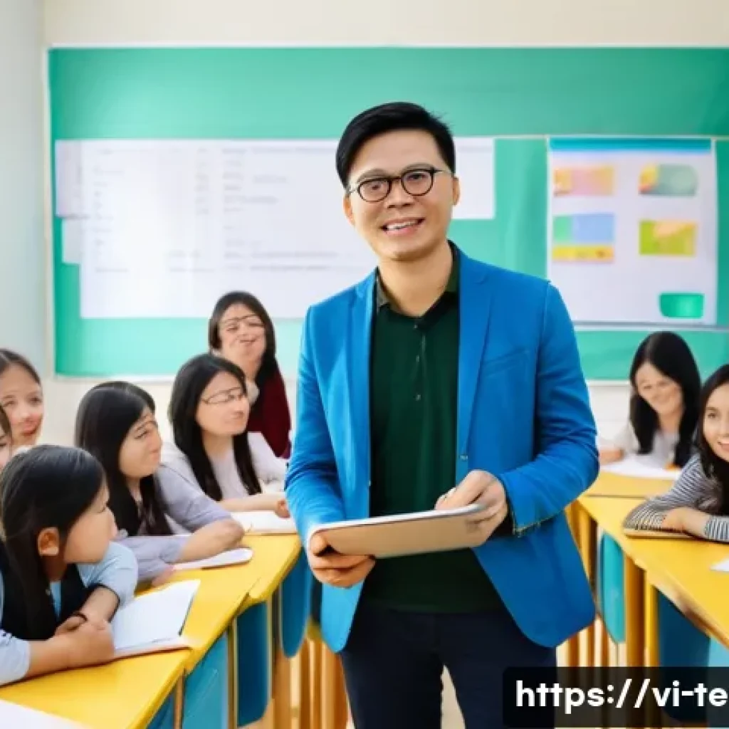 TESOL 자격증으로 창업하기 - A modern Vietnamese TESOL classroom scene with a confident English teacher in smart casual attire st...