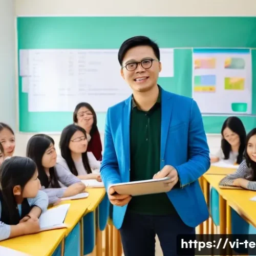 TESOL 자격증으로 창업하기 - A modern Vietnamese TESOL classroom scene with a confident English teacher in smart casual attire st...