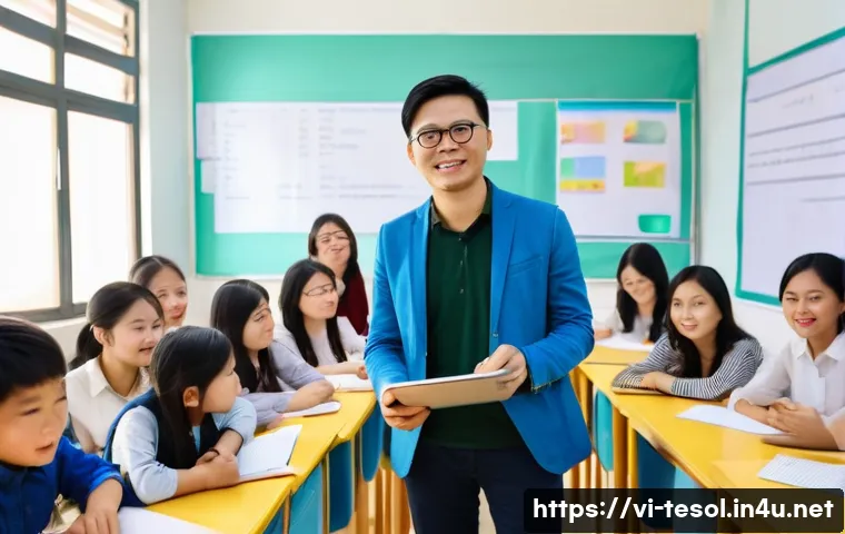 TESOL 자격증으로 창업하기 - A modern Vietnamese TESOL classroom scene with a confident English teacher in smart casual attire st...
