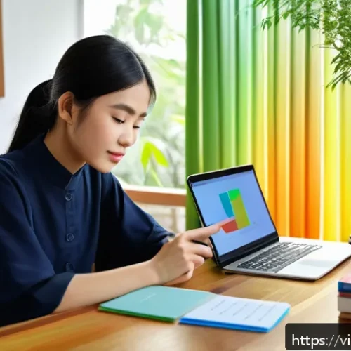 TESOL 강사가 추천하는 유용한 앱 - A cozy Vietnamese home study scene showing a young adult woman sitting at a wooden desk with a lapto...