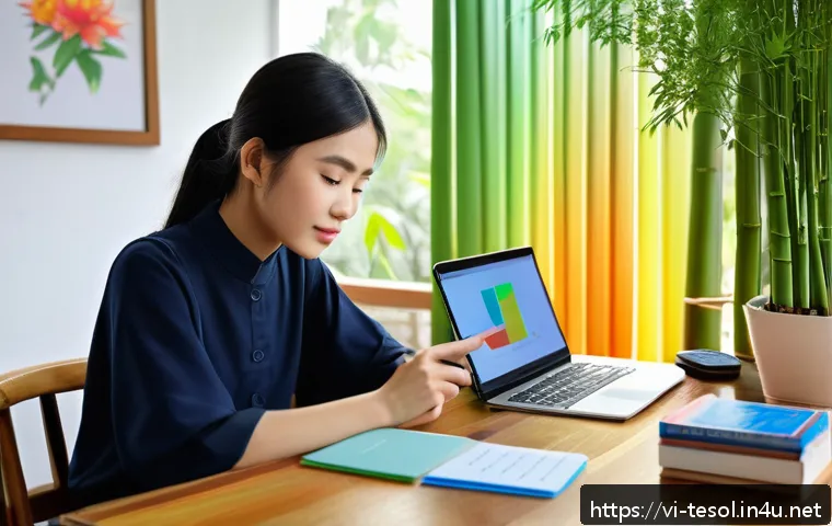 TESOL 강사가 추천하는 유용한 앱 - A cozy Vietnamese home study scene showing a young adult woman sitting at a wooden desk with a lapto...