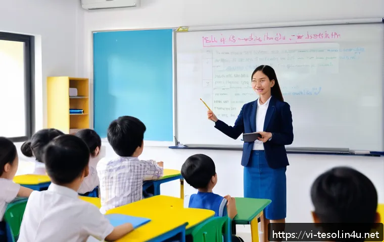 TESOL 강사 지원을 위한 자기소개서 작성 - A professional Vietnamese TESOL teacher conducting an engaging English lesson in a modern classroom,...