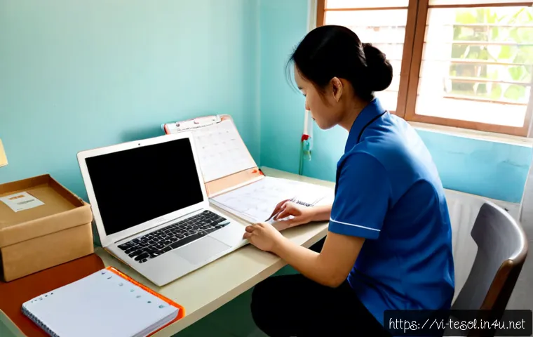 Home 13 TESOL 자격증 취득에 필요한 시간 - Photorealistic Vietnamese adult learner studying for a TESOL certification at a tidy home desk in Ha...