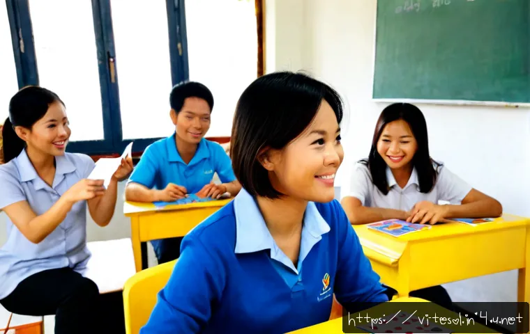 Home 15 TESOL 강사가 사용하는 효과적인 기법 - Photorealistic TESOL classroom in Vietnam, a friendly Vietnamese English instructor using expressive...