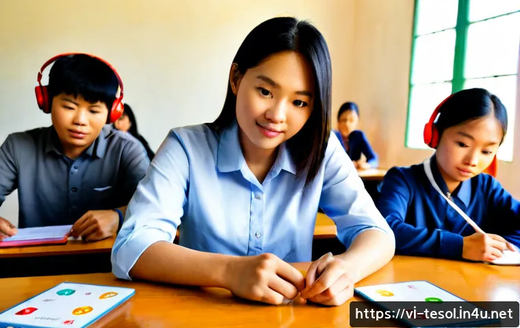 Home 15 TESOL 강사가 추천하는 교육 자료 - Photorealistic Vietnamese TESOL instructor in a bright modern classroom, warmly presenting a curated...
