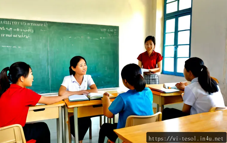 Home 30 TESOL 강사가 자주 묻는 질문 - Photorealistic TESOL instructor in a bright modern language classroom in Vietnam, warmly answering q...