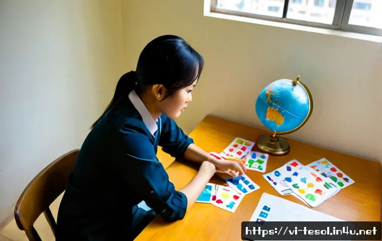 Home 17 TESOL 수업 계획 작성법 - Photorealistic Vietnamese TESOL teacher planning an engaging English lesson at a tidy wooden desk, a...