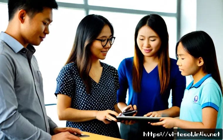 Home 17 TESOL 교육에서 기술 활용하기 - Photorealistic Vietnamese English teacher guiding a small group of adult learners through an interac...